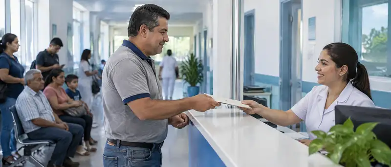 Trabajador entrega una carpeta en la ventanilla de admisión de un hospital a una recepcionista