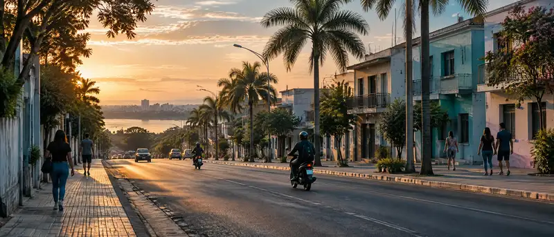 Avenida de Asunción al atardecer con palmeras, peatones y motos