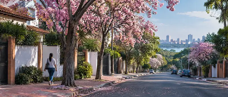 Calle residencial de Gran Asunción con lapachos rosados en flor y casas bajas de ladrillo