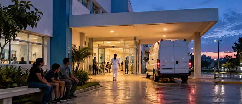Entrada de guardia de un hospital público al anochecer con una ambulancia sin rótulos estacionada