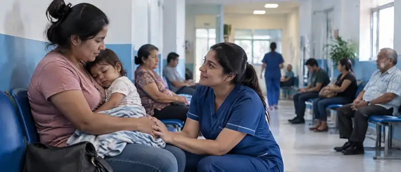 Enfermera de guardia conversa con una madre que sostiene a su hijo pequeño en la sala de espera