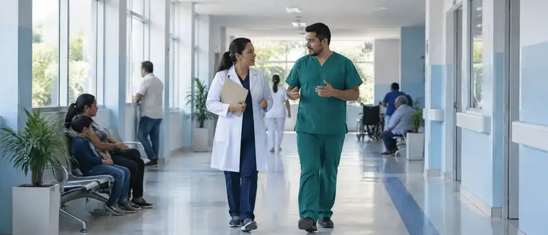 Dos médicos especialistas conversan mientras caminan por un pasillo amplio de hospital