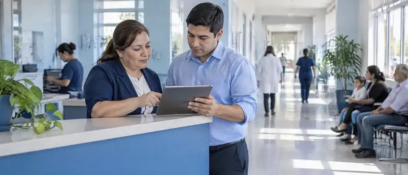 Una administrativa y un administrativo de hospital revisan datos en una tableta en el mostrador