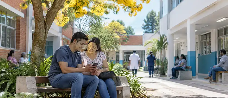Pareja sentada en un banco de un patio arbolado entre edificios de salud de ladrillo y estuco blanco