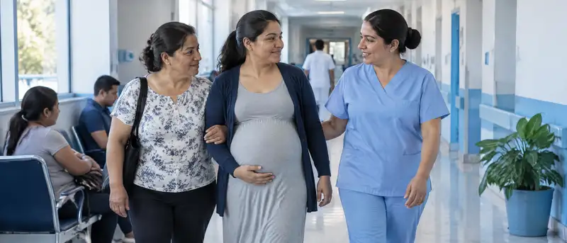 Embarazada camina por el pasillo de maternidad junto a su madre y una partera
