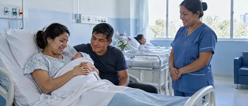 Madre descansa en una cama de maternidad con su recién nacido en brazos y su pareja al lado