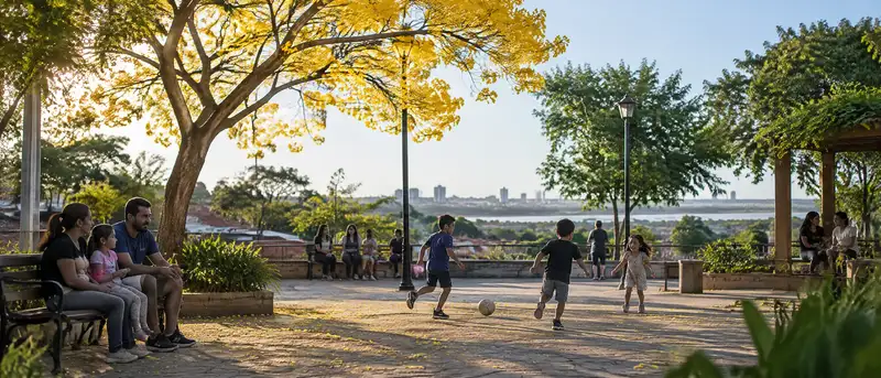 Plaza de barrio con bancos, familias y un lapacho amarillo en flor