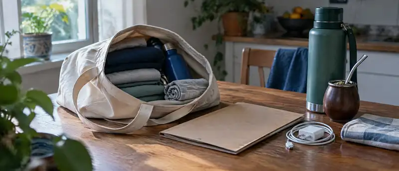 Bolso preparado sobre una mesa de madera con ropa doblada, botella de agua, carpeta y cargador