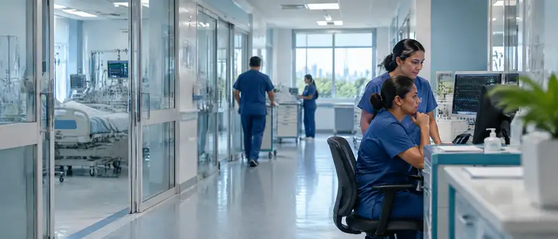 Dos enfermeras revisan un monitor en el pasillo de una unidad de terapia intensiva