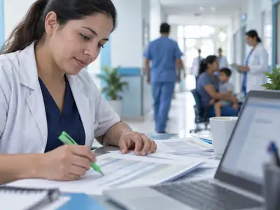 Profesional revisa planillas impresas con un resaltador junto a una computadora portátil
