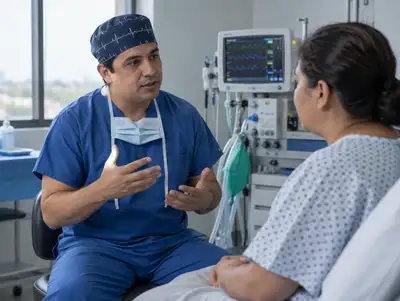 Anestesiólogo con gorro quirúrgico explica el procedimiento a una paciente sentada