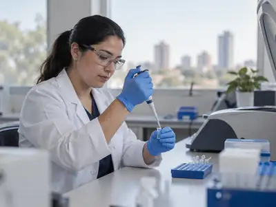 Bioquímica usa una pipeta en un laboratorio de análisis clínicos