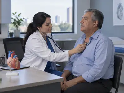 Cardióloga ausculta el corazón de un hombre mayor, con un modelo de corazón sobre el escritorio