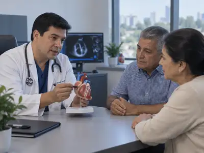 Cirujano cardiovascular muestra un modelo de corazón a una pareja mayor