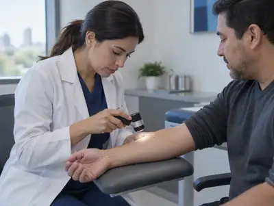 Dermatóloga examina la piel del antebrazo de un paciente con un dermatoscopio