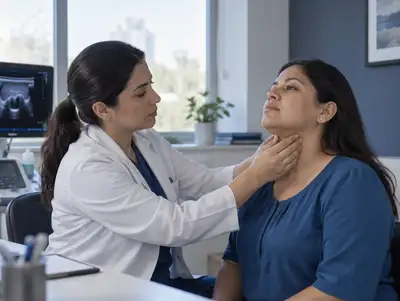 Endocrinóloga palpa la tiroides en el cuello de una paciente sentada