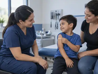 Enfermera sonríe a un niño con una curita en el brazo después de la vacuna