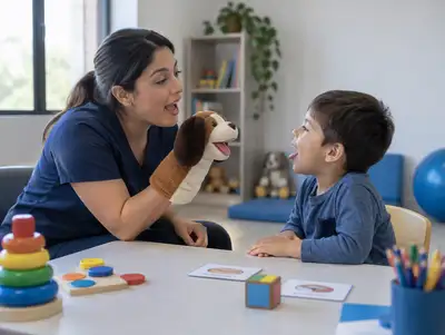 Fonoaudióloga hace una sesión con un niño pequeño usando un títere