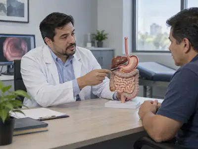 Gastroenterólogo explica con un modelo del aparato digestivo a un paciente