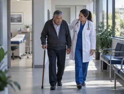 Geriatra camina junto a un señor mayor con bastón por un pasillo soleado