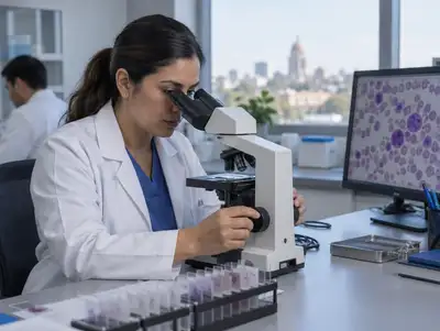 Hematóloga observa láminas en un microscopio en el laboratorio
