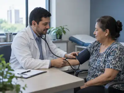Médico clínico toma la presión arterial a una señora mayor en el consultorio