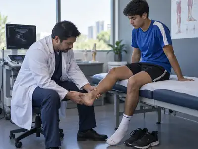 Médico deportólogo revisa el tobillo de un joven futbolista
