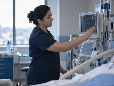 Médica intensivista revisa los monitores en una sala de terapia intensiva