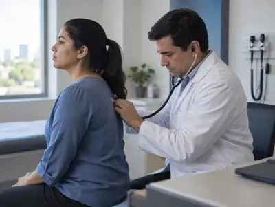 Neumólogo ausculta la espalda de una paciente mientras respira