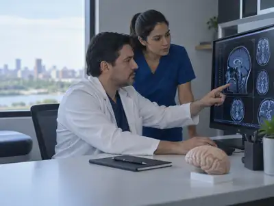 Neurocirujano revisa imágenes de resonancia cerebral en un monitor con una colega