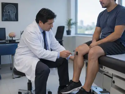 Neurólogo evalúa los reflejos de la rodilla de un paciente con un martillo