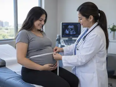 Obstetra mide la panza de una embarazada con una cinta métrica en el control prenatal