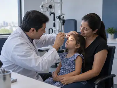 Oftalmólogo pediátrico examina los ojos de una niña sentada en el regazo de su madre