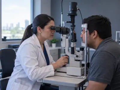 Oftalmóloga examina los ojos de un paciente con una lámpara de hendidura