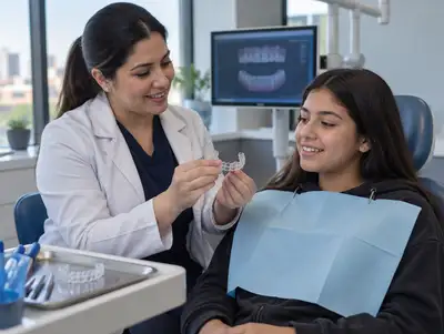 Ortodoncista muestra alineadores transparentes a una adolescente en el sillón dental