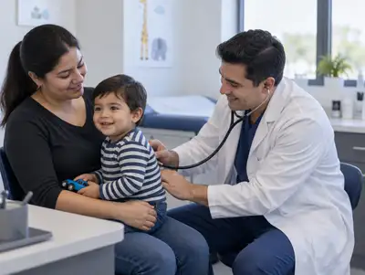 Pediatra ausculta a un niño pequeño sentado en el regazo de su mamá
