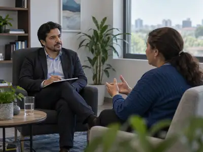Psiquiatra conversa con una paciente de mediana edad en un consultorio con plantas