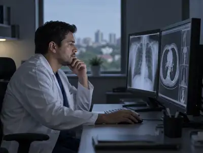 Radiólogo revisa radiografías en dos monitores en una sala de lectura con poca luz