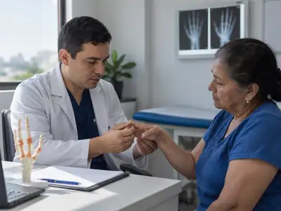 Reumatólogo examina las articulaciones de la mano de una señora mayor